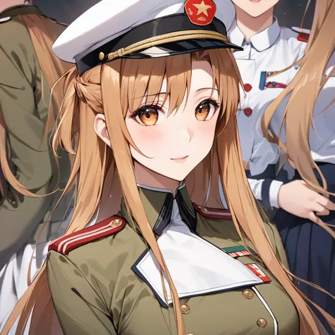 (( top quality )), ((masterpiece)), ( Details), （perfect face）、Yuki Asuna, who has bright brown hair, is wearing a khaki Chinese Peoples Liberation Army military uniform and a Chinese Peoples Liberation Army military cap、 beautiful female soldiers loyal to...