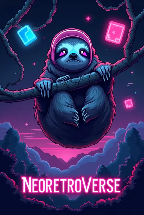 "A retro-futuristic illustration of a lazy sloth as the central hero of the NeoRetroVerse project. The sloth is pixelated, with a minimalistic design that reflects the retro gaming aesthetics of the 80s and 90s, but with a futuristic twist. It has glowing ...