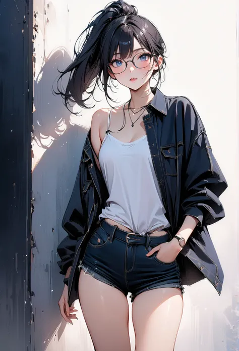 (masterpiece, best quality:1.2), 1 girl, alone, blue eyes, glasses, no bangs, loose high ponytail