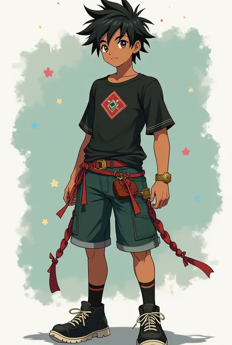  Create an anime character" averages 18 years " , "The highest quality  " Brown-skinned male brown-eyed half-spiked black hair.  He wears a black shirt tighter around his body with a diamond symbol on his chest,  dark green denim shorts with ribbons hangin...