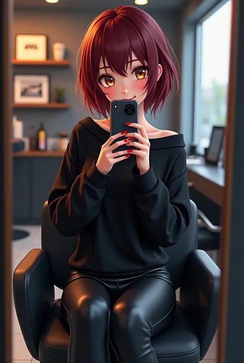 Young anime woman sitting in a black chair ina barbershop, with dark reddish-brown hair and brown eyes, wearing black sweater and black skinny leather leggings, with red colored nails on her fingers, taking a selfie with her phone in front of the mirror, l...