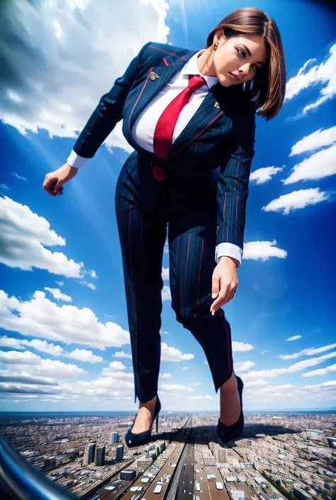 view from outer space of an approaching young giga giantess, Giantess art, 500 miles tall giga giantess, young sophisticated and stylish woman in a blue italian pinstriped trouser suit, form fitting crisp office shirt, and a large wide light blue necktie i...