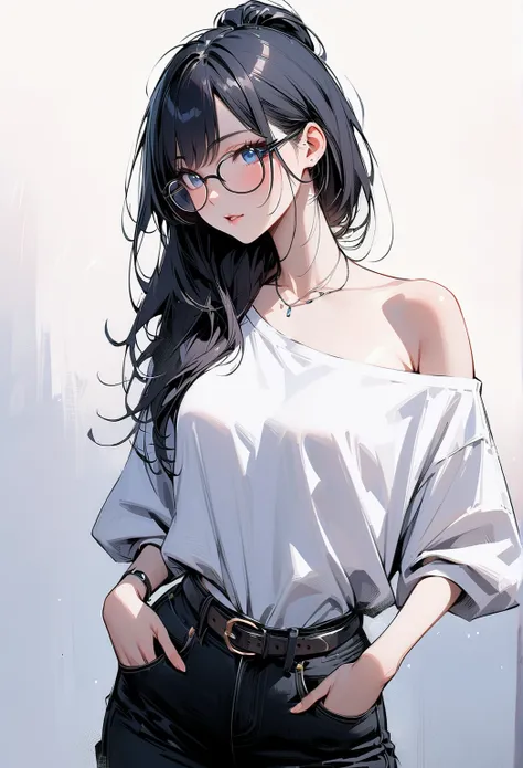 (masterpiece, best quality:1.2), 1 girl, alone, blue eyes, glasses, no bangs, loose high ponytail