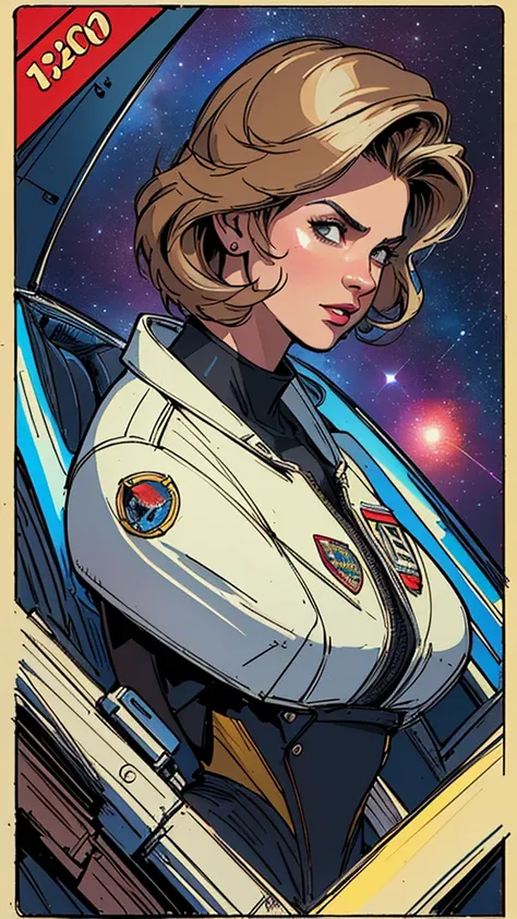 (((Top Quality Masterpiece ))),(((solo:1.2))),((( 1 woman :1.2))), 32K Highly Detailed Wallpaper , Retro Vintage Style ,(dynamic Angles),((( Overwhelming Highlights ))),((most complex machine)), American comics with a very flashy color scheme,80s space thr...