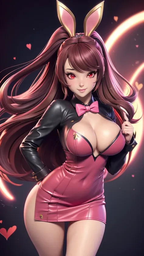  masterpieces  ,  Highest quality 3D rendering  ,   , Anime Girl ,  with golden bunny ears  , Sexy Casino Staff Dress , Only 1 pink-red eyes  , Straight hair ,  black hair ,Holding AA cards with black leather gloves  , Older women , Big Breasts ,  Bunny Gi...