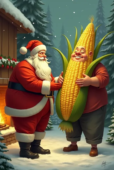 santa claus giving fat man large corn