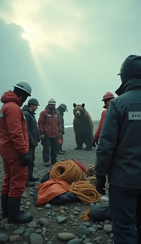 Scene: The rescue team gathers near the bears, unloading tools like ropes and thermal blankets. The bears remain in the background, visibly struggling.
Lighting: Soft lighting with a faint sunbeam breaking through the clouds, illuminating the rescuers.
Cam...