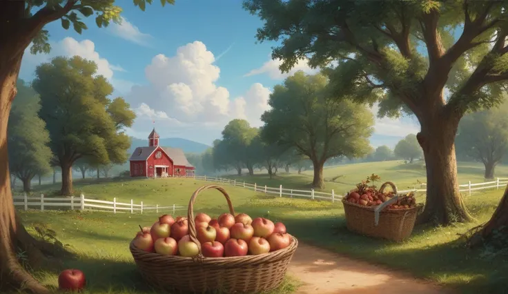 Base Character Description: Same as above.
Pose/Action: Liam is laughing as a squirrel darts past him, nearly causing him to drop his basket of apples.
Background Setting: The orchard, with trees in the background and a few apples scattered on the ground.
...