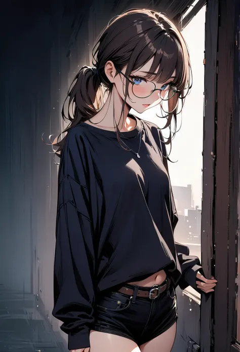 (masterpiece, best quality:1.2), 1 girl, alone, blue eyes, glasses, no bangs, loose high ponytail, dark brown hair