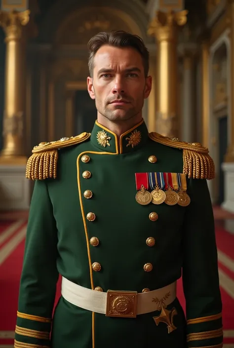 A man wearing an olive green royal guard suit 