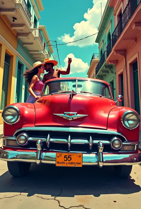 Image of a Chevrolet in foreshortened front view, red color, license plate written (56 Bonito y Sabroso). Streets of Old Havana. A black man with a traditional Cuban hat, dances with a young white-skinned girl. All in Pop Art style. Bright colors.