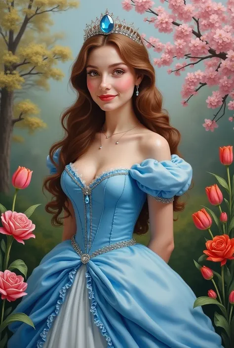 realistic oil painting, She is Russian,  porcelain skin,  has pale skin .  A woman with brown hair and brown eyes and wears a blue princess-style dress with a tiara on her head and wears a teardrop shaped blue coyar,  is in a garden that has cherry blossom...