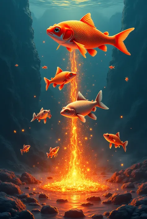  draw me a world governed by this process :  fish breathe water and release hydrogen , Hydrogen becomes fireflies ,  fireflies are eaten by frogs that expel 1 cubic meter of lava that is then ingested by goats that expel water