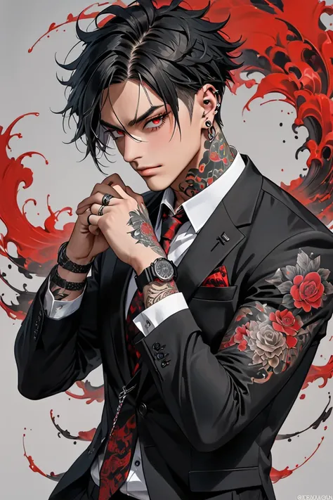 Adult man. He has a fit build. His ears are pierced. His hair is short and black, styled but slightly messy. His eye color is red. He has tattoos all over his body except his face. wears a black suit jacket, shirt, tie, and pants, with multiple silver ring...