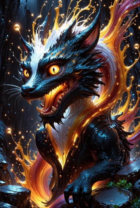 combines the characteristics of a cat and dragon. gaint, It has a connection with the three elements of earth, air and fire. fantasy setting, 8k, uhd, masterpiece, detailed. Black fur with white parts on head, neck and paws