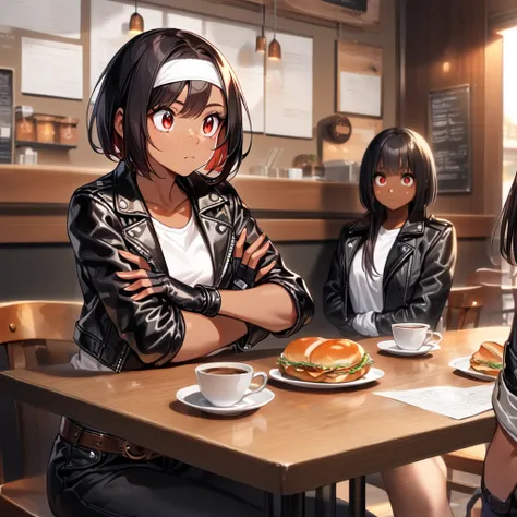 Cafe,  young girl( short bob,  black hair,  red eyes, Dark Skin, (( black leather jacket with rolled up arms )),  Fingerless Gloves ,  white t-shirt , (( white headband)),  open jacket ,  black pants ,  white shoes ,  brown belt, , Freckles,  big eyes) san...