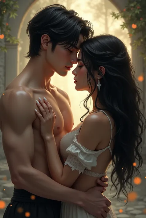 Realistic ART RPG . a handsome young man . white skin. Gray eyes .  medium black hair .  hugging a woman around the waist . Big black haired.  full body image