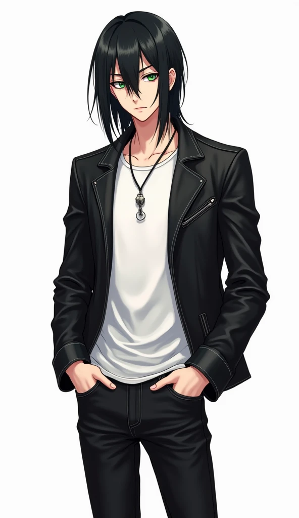 A Fullbody Picture (photorealism:1.2) slender manly tall man with medium long black smooth hair, black leather jacket, white t-shirt, neck lace, tight black jeans, big green eyes, indifferent expression, visual novel anime style, illustration, blank white ...