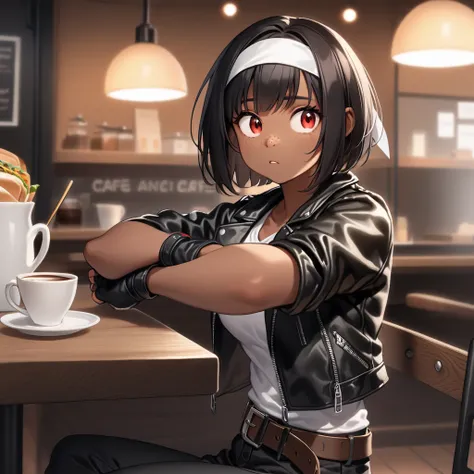 Cafe,  young girl( short bob,  black hair,  red eyes, Dark Skin, (( black leather jacket with rolled up arms )),  Fingerless Gloves ,  white t-shirt , (( white headband)),  open jacket ,  black pants ,  white shoes ,  brown belt, , Freckles,  big eyes) san...