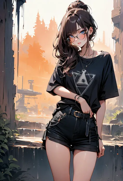 (masterpiece, best quality:1.2), 1 girl, alone, blue eyes, glasses, curtain bangs, loose high ponytail, dark brown hair, casual loose tee-shirt, standing with Bill Cipher from Gravity Falls