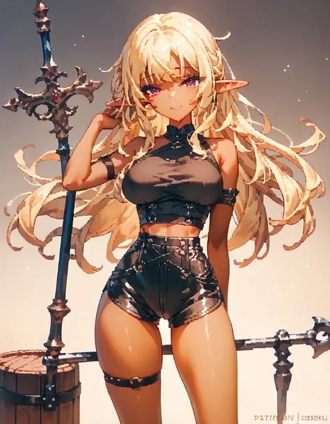  ,    dark skin  ,   smooth skin, smile,  standing device, girl-,   thin waist, , leather mini shorts, Pixel, small head,  long hair ,  Big girl,  phantesis , an adventurer, archer, elf,  blonde , sex,  bare shoulders are visible