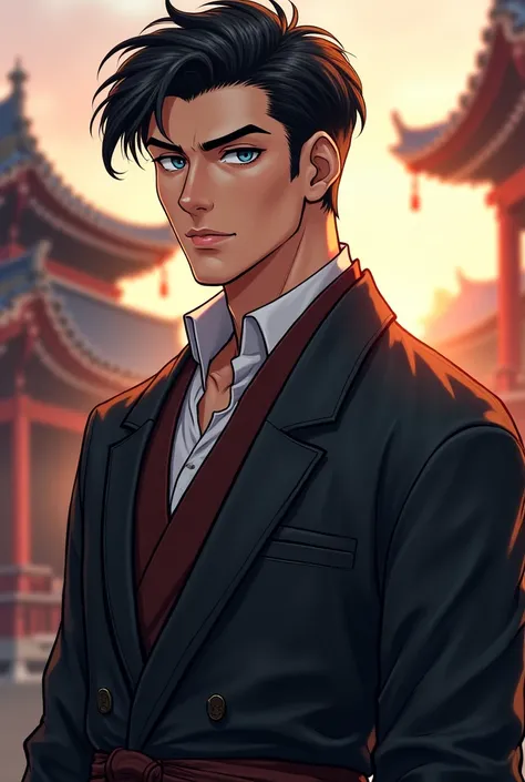 Historian, Japanese and Egyptian, attractive, anime, olden Japan, short well kept black hair, slightly muscular, grey eyes, male, pretty, slick wolf cut, mappa art style, grey eyes, tall