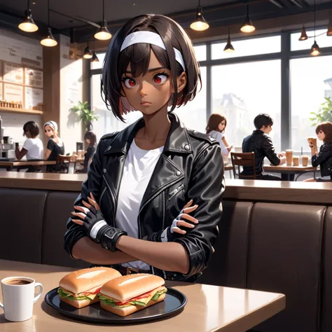 Cafe,  young girl( short bob,  black hair,  red eyes, Dark Skin, (( black leather jacket with rolled up arms )),  Fingerless Gloves ,  white t-shirt , (( white headband)),  open jacket ,  black pants ,  white shoes ,  brown belt, , Freckles,  big eyes) san...