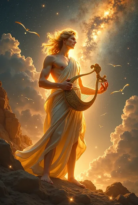 Imagine Apollo from Greek mythology, with radiant golden hair, standing in a commanding pose, holding a lyre that emanates glowing light. Around him, a celestial realm unfolds, with harmonious constellations and celestial beings dancing in perfect rhythm. ...