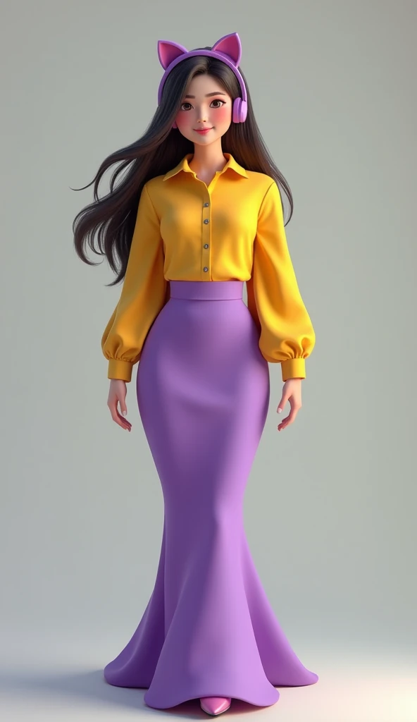 a cutie Indonesian girl (20 years old, full body, long hair) wearing yellow shirt and cat-headset (very very very super realistic) with long super pencil-skirt (purple colour, with very super juicy big beautiful softly bottoms, look from back)