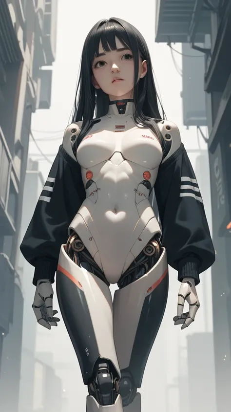  girl 、 robot 、 black hair、 longhair 、front、whole body