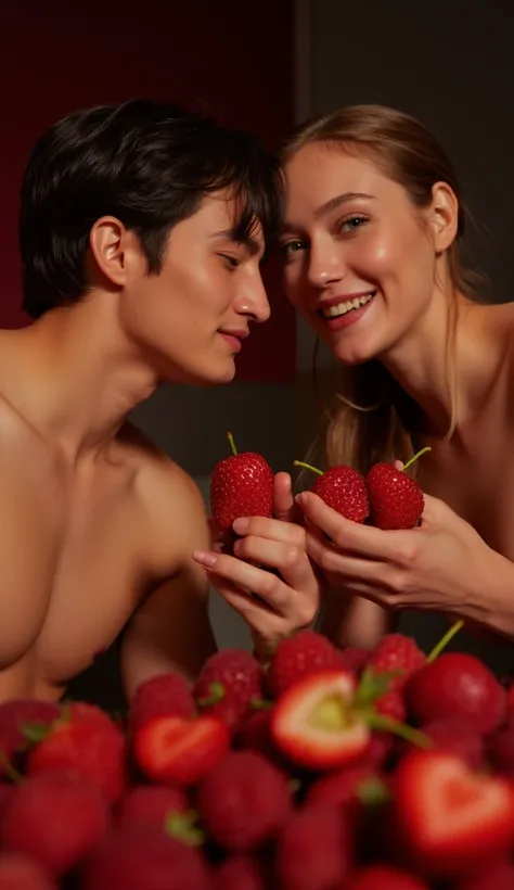 A realistic and high-quality image of a sensual couple eating red fruits, sitting closely together in an intimate and romantic atmosphere. The setting is warm and inviting, with soft, dim lighting highlighting their expressions and the vibrant colors of th...