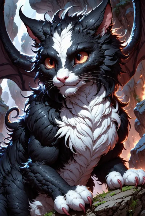 combines the characteristics of a cat and dragon. gaint, It has a connection with the three elements of earth, air and fire. fantasy setting, 8k, uhd, masterpiece, detailed. Black fur with white parts on head, neck and paws. Fluffy, long fur