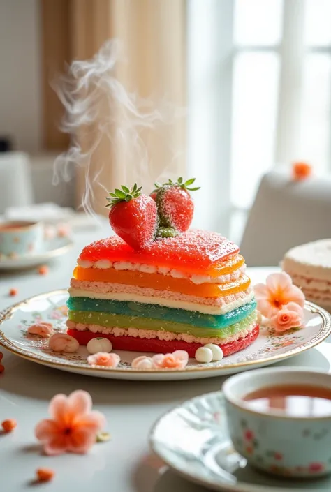  Beautiful multi-layer jelly cake in different colors red , green, orange, blue, beautifully shaped heart , стоит на столе в красивом блюде bright colors,  Warm Home Atmosphere ,  near the cake there is a cup of fragrant hot tea steaming ,  next to the cup...