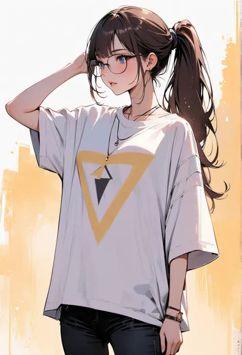 (masterpiece, best quality:1.2), 1 girl, alone, blue eyes, glasses, curtain bangs, loose high ponytail, dark brown hair, casual loose tee-shirt, standing with yellow triangle Bill Cipher from Gravity Falls