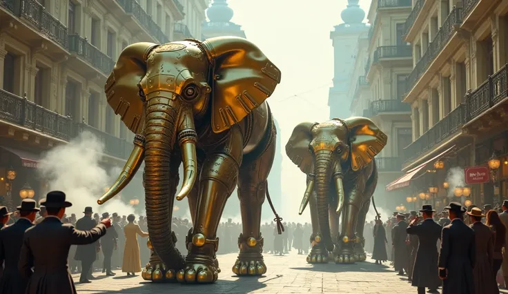 Steampunk Robotic Elephants in the Street

Create an image of gigantic, robotic elephants gracefully marching through a bustling steampunk city street. The elephants should be elaborately designed, with polished brass bodies, intricate mechanical limbs, an...