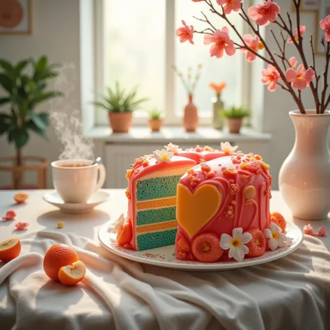  Beautiful multi-layer jelly cake in different colors red , green, orange, blue, beautifully shaped heart , стоит на столе в красивом блюде bright colors,  Warm Home Atmosphere ,  near the cake there is a cup of fragrant hot tea steaming ,  next to the cup...