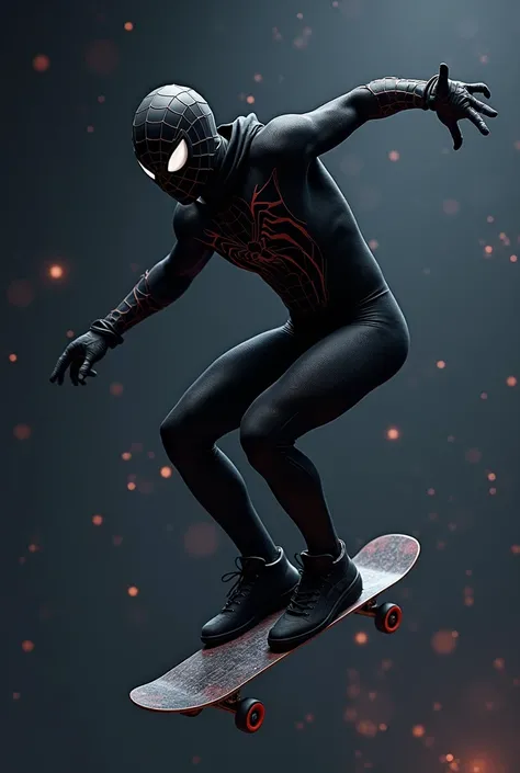 Create a spider-man in black clothes skateboarding in space