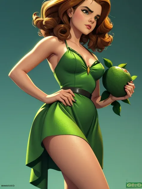  a close up of a woman in a green dress holding a stuffed animal,  Emma Watson as an avocado , inspired by Earle Bergey , arte pinup, pinup girl,  Emma Watson as Poison Ivy , pinup model, pinup, 3d cartoon,  pinup,  bond,  airbrush rendering , Stylized 3D ...