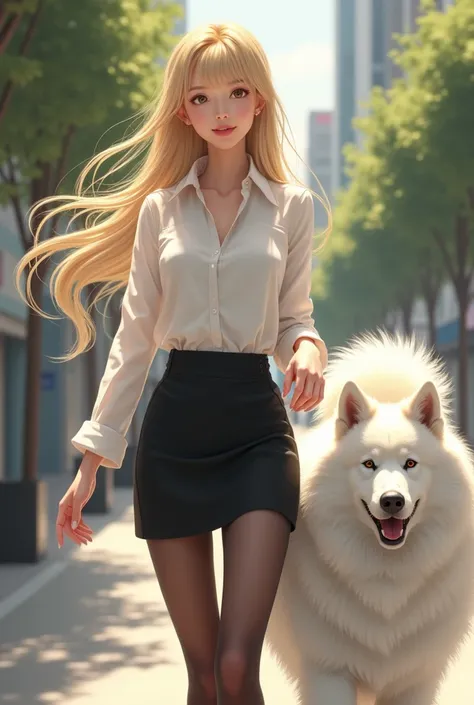  Japanese actress, a beautiful woman with long, blond hair, wearing a white shirt, a black miniskirt, and thin black stockings　Walking with a white Samoyed dog next to her 