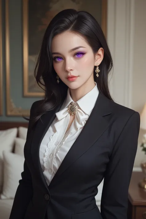 An 18-year-old woman with black hair and purple eyes shows up in a black suit and black hair