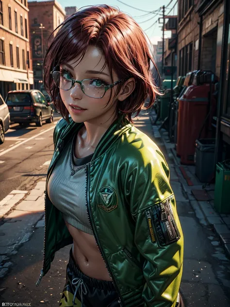 Short,  red hair ,  green eyes,  metal-framed glasses,  green zippered sports jacket,  green sweatpants , smiling girl on the street . ( masterpiece fails,  top quality ,  better quality ,  official art,  beautiful and aesthetic :1.2),  extremely detailed ...