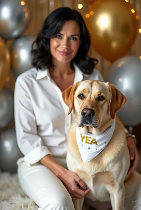 Create a professional New Years photoshoot with lots of details in silver and gold balloons with a 57-year-old woman with black hair cut in a Chanel model with flat ears wearing white pants and blouse and with an adult Labrador Retriever dog,  with light c...