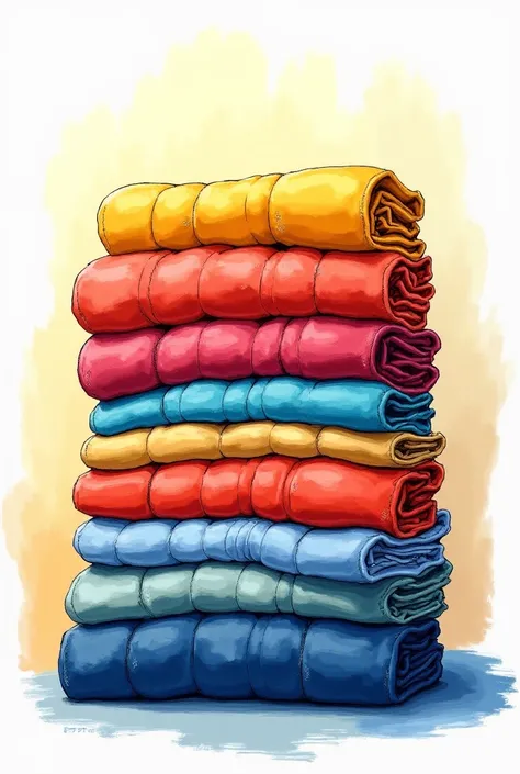 draw up a professional drawing of folded clothes stacked with bright smells such as red,  yellow and blue 