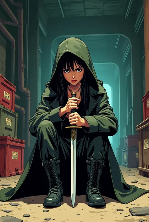 vintage poster animation style Post-apocalyptic neo-noir animation of old murderous ninja/monk femme fatale young adult woman, sullen, black hair, in hooded trenchcoat, hood down, high combat boots, sitting and leaning, inspecting short sword, in industria...