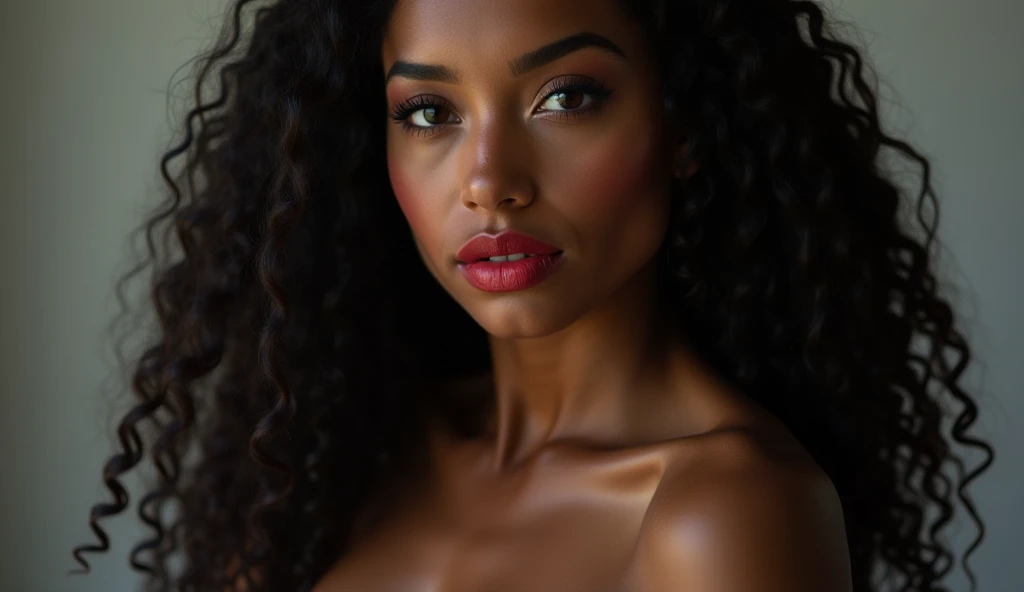 A close-up portrait of a female model with dark, white skin, piercing dark brown eyes, and full, red lips. She is naked, showing off her full body. Her long, big tits, curly hair cascades freely down her shoulders. A simple, elegant background, soft and dr...