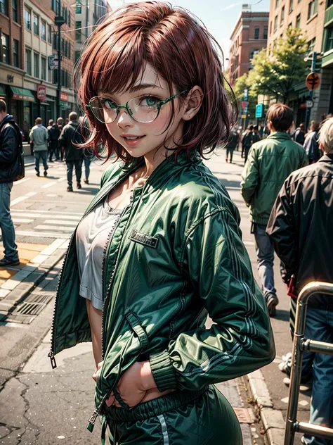 Short,  red hair ,  green eyes,  metal-framed glasses,  green zippered sports jacket,  green sweatpants , smiling girl on the street .