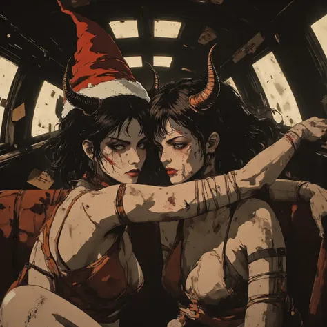 A cinematic ultra realitic photo of Two cute goth aliens girl in dark gothic sitting in a brown red sofa, ((Skinny anorexic bodys)), blindfolded with gags in mouth , rope bound ,bondage , bdsm  , . Hairstyles: short dark hair . Santa hats has devil black h...