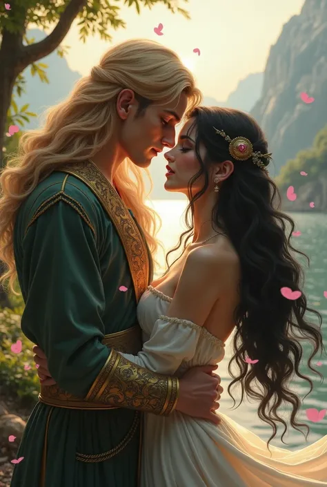 Shoulder long blonde hair prince with raven black hair female in a fantasy romance