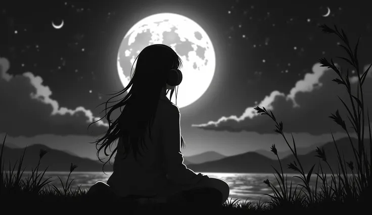  anime girl  listening to music with headphones and a full moon, nightcore,  anime vibes , ( anime girl ), black and white manga, anime lover, with headphones, monochrome art!!,  anime wallpaper , anime image, aesthetic anime,  listening to music at 2 in t...