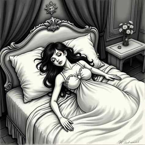  In the drawing Mina is lying on an elegant bed with curtains , You can see that she is sleeping ,  but you can see that there is a hand at her side forcing her to eat or whatever,  the drawing is very detailed and is done in a comic style , until, comic, ...